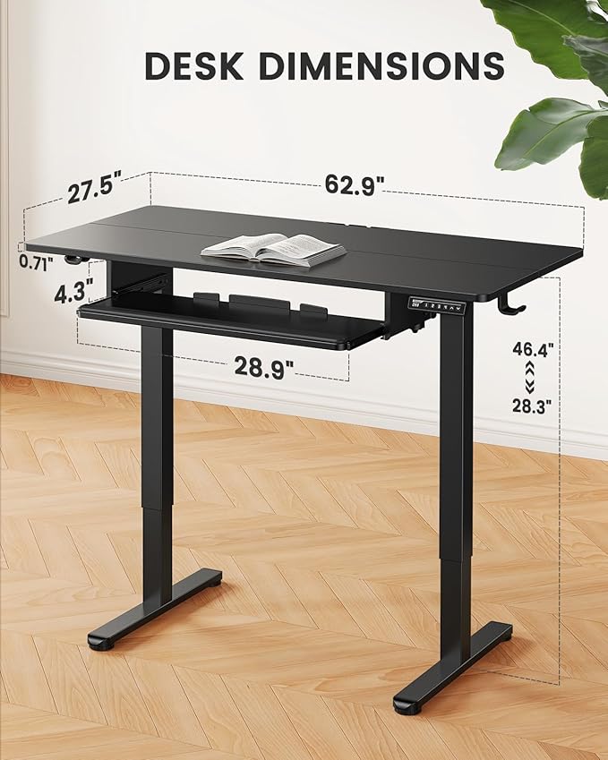 ErGear Large Electric Standing Desk with Keyboard Tray 63x28 Inches Adjustable Height Sit Stand Up Desk Home Office Desk Computer Workstation Black