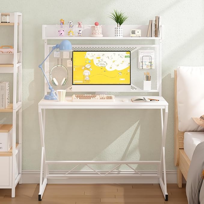 Elephance Small Gaming Desk with Pegboard 39 Inch Computer Desk with Storage Shelves Modern Office Desk for Study Work Home Office Small Spaces White