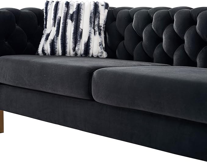 Chesterfield Modern Tufted Velvet Living Room Sofa with High Armrest and Metal Legs Decor 84.25''W 3 Seater Couch Couches Furniture for Bedroom Office (Black)