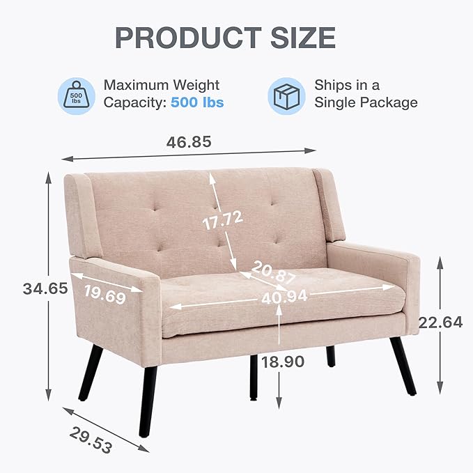 Mid-Century Modern 47 Small Loveseat &amp Accent Chair Combo Set Plush Linen Fabric with Button Tufted High Back &amp Solid Wood Legs for Apartment Living Room Bedroom Home Office (Beige 2-Pie