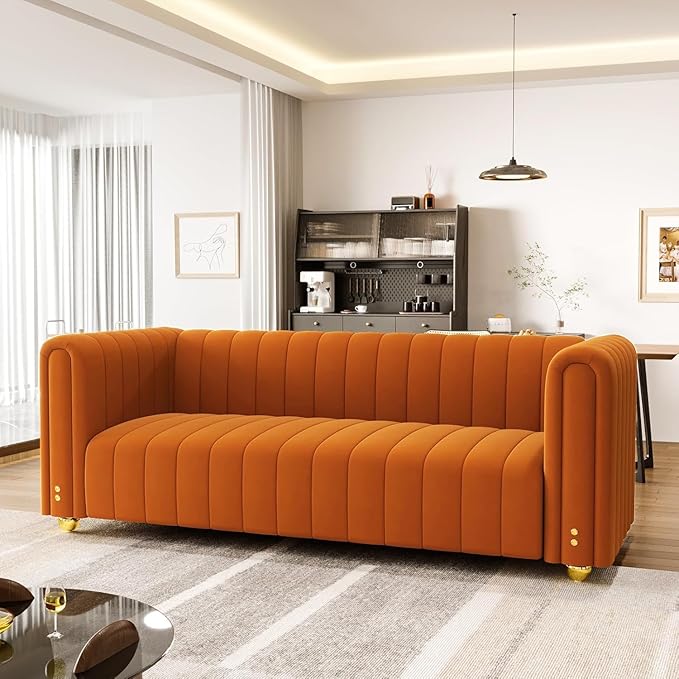 81.3'' Orange Velvet Modern Mid Century Deep Seat Sofa Oversized 3-Seater Loveseat Comfy Couch for Living Room and Apartment Furniture