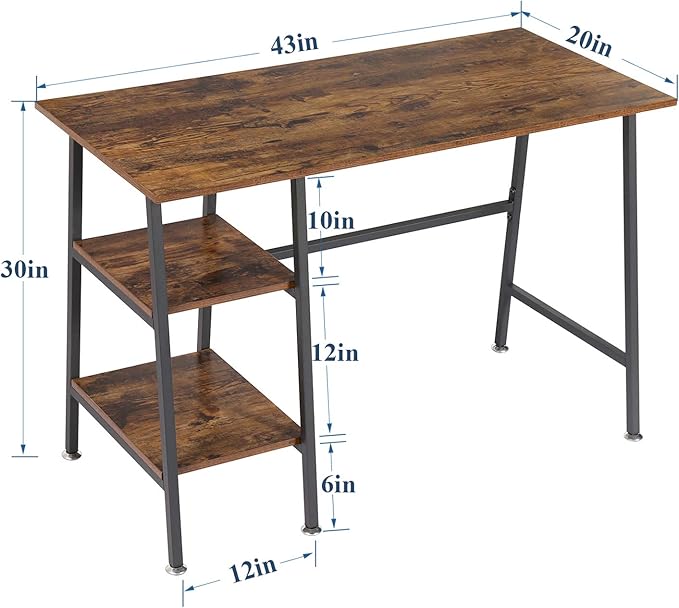 VECELO 43 Inch Computer Desk Home Office Classic Walnut Study Desk Work Office Table with Shelves Wooden Desk for Bedroom