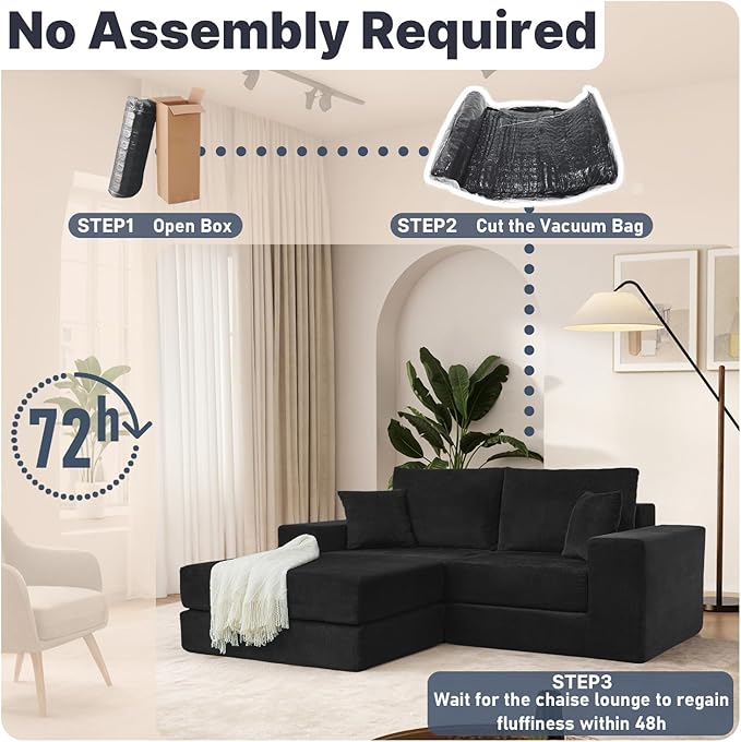 79.5 Sectional Boneless Modular L-shaped Couches for Living Room Small Spaces Convertible Oversized Sleeper Sofa Bed-Luxury 1.5 Full Bed. Corduroy Futon Floor Couch with Non-Slip Base Black.