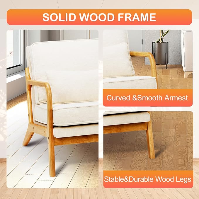 Modern Accent Chair with Lumbar Pillow Relaxing Mid Century Chair Armchair with Solid Wood Frame &amp Soft Cushion Reading Leisure Armchair for Living Room Beige