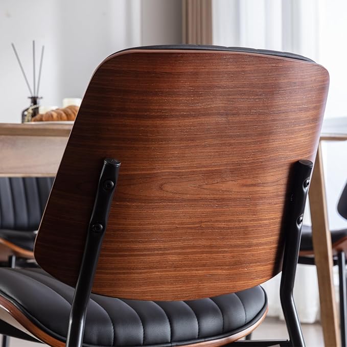 Dining Chairs Set of 2 Mid Century Modern Retro Faux Leather Chair with Walnut Bentwood Back Upholstered Seat Metal Legs Adjustable Foot for Kitchen Dining Room Chairs (Black)