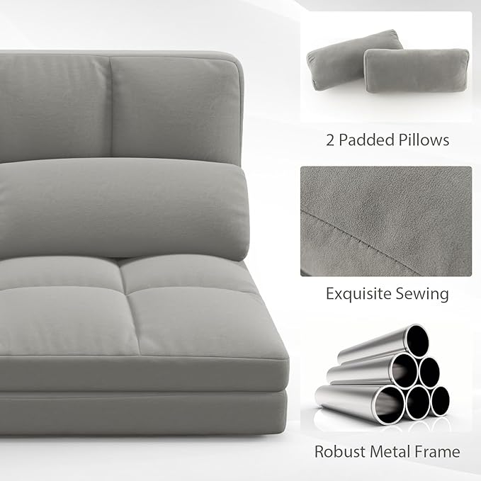 Giantex Floor Sofa Bed with 2 Pillows Convertible Sofa Couch w/ 6 Positions Adjustable Backrest Velvet Cover Folding Lazy Sleeper Sofa for Living Room Bedroom Guest Room (Light Grey)