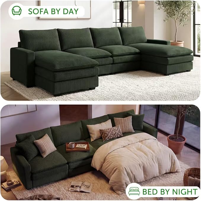 HONBAY 127.2 Inch Corduroy Cloud Modular Sectional Sofa with Chaise Deep Seat U-Shaped Couch with Storage for Living Room Apartment Small SpaceGreen