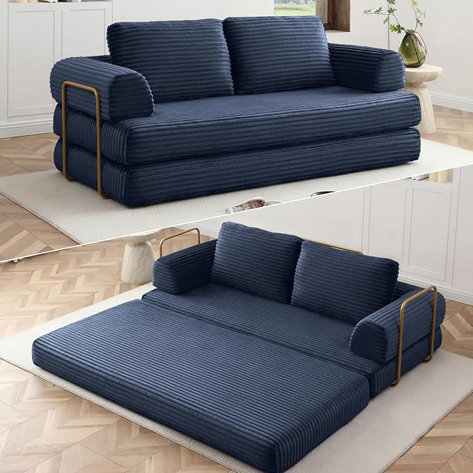 80” Convertible Sleeper Sofa Bed High Back Plush Corduroy Boneless Futon Loveseat with Pull Out Bed Fixed-Shape Folding Floor Mattress Couch No Assembly Required (Blue)