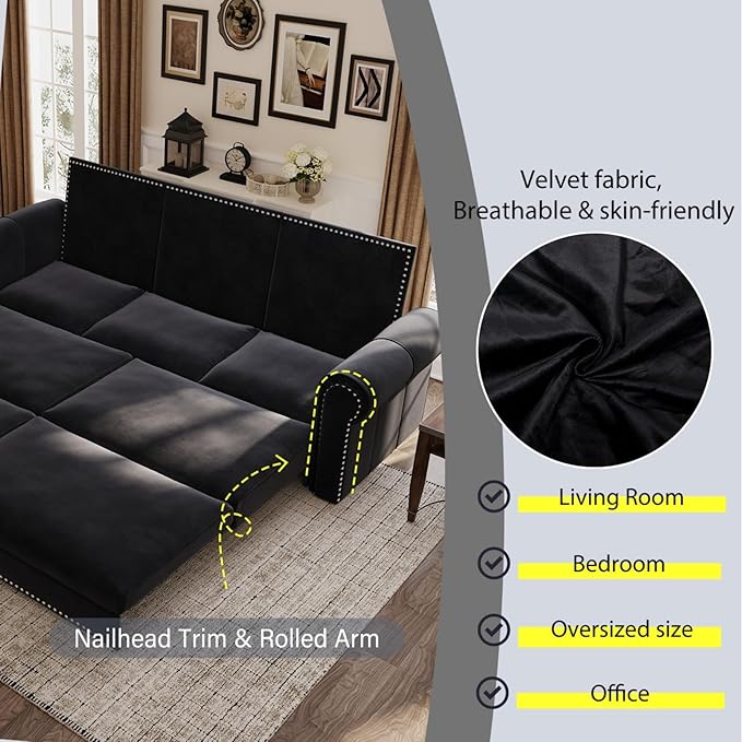 93.7 King Size Chesterfield 3-seat Pull Out Sofa Bed Velvet Couch Bed with Nailhead Trim and Rolled Arm 3-in-1 Sleeper Sofa for Living Room Apartment Office Black