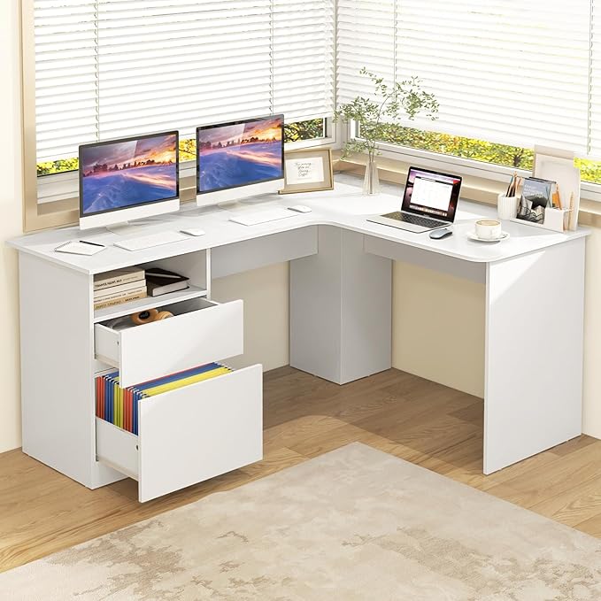 Tangkula 59” L-Shaped Desk with 2 Storage Drawers Corner Computer Desk with File Drawer &amp Open Shelf Computer Workstation with 2 Cable Management Holes Space-Saving Executive Office Desk (White