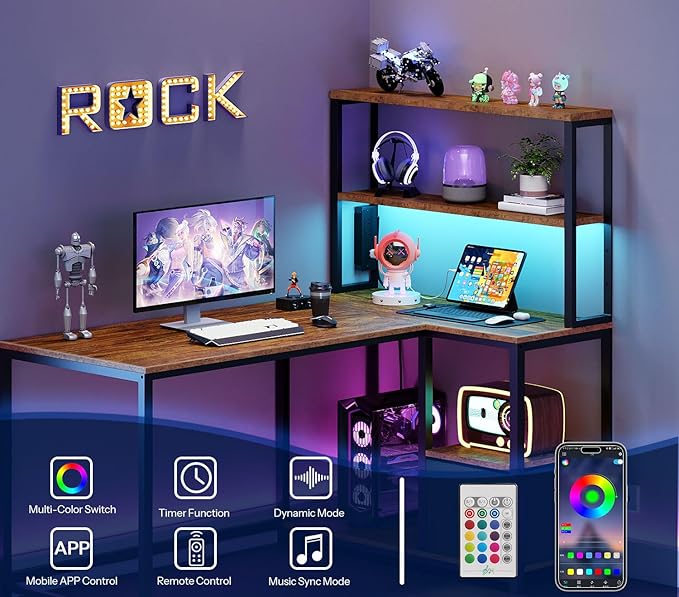 HOOBRO L Shaped Gaming Desk and Monitor Stand Bundle Desk with LED Light &amp Power Outlet Desk Shelf Organizer for Office DeskStudy BF18UDDN01-BB121CJ01