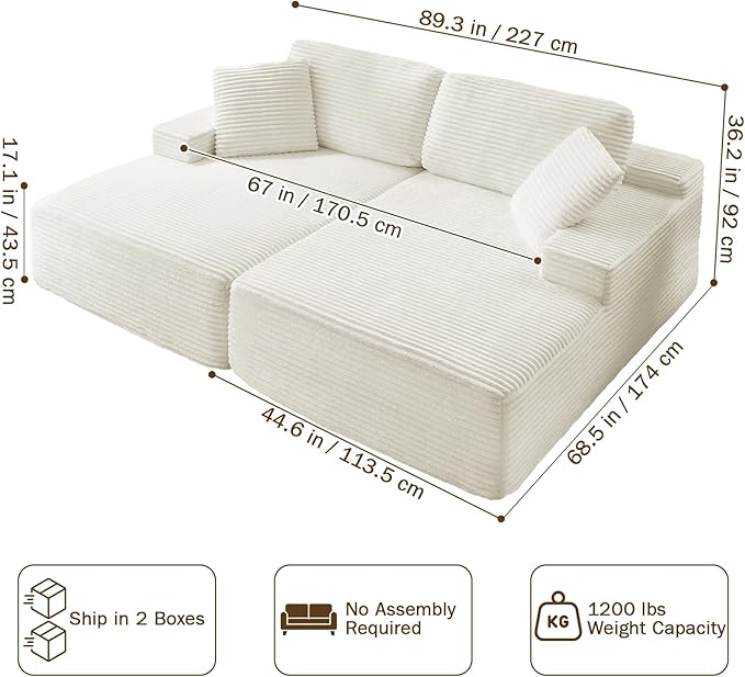89.3” Oversized Double Chaise Lounge Indoor Beige Corduroy Chaise Lounge Chair Upholstered Sleeper Sofa Bed Deep Seat Sleeper Loveseat Reading Chairs Boneless Cloud Couch for Living Room Bedroom