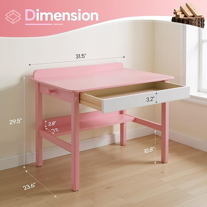 Solid Wood Study Desk &amp Home Office Writing Table with Drawers 31 Vintage Mid Century Modern Computer Desk Home Office Workstation for Bedroom Small Spaces Apartment(Pink31.5 Inch Wide)