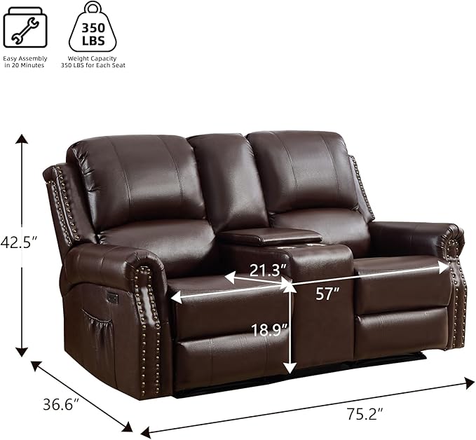 EBELLO Power Reclining Loveseat Faux Leather Double Recliner Sofa with Side Pocket Center Console Hidden Storage &amp Cup Holders Vintage Rivet Mid-Century Modern Design for Living Room Red Brow