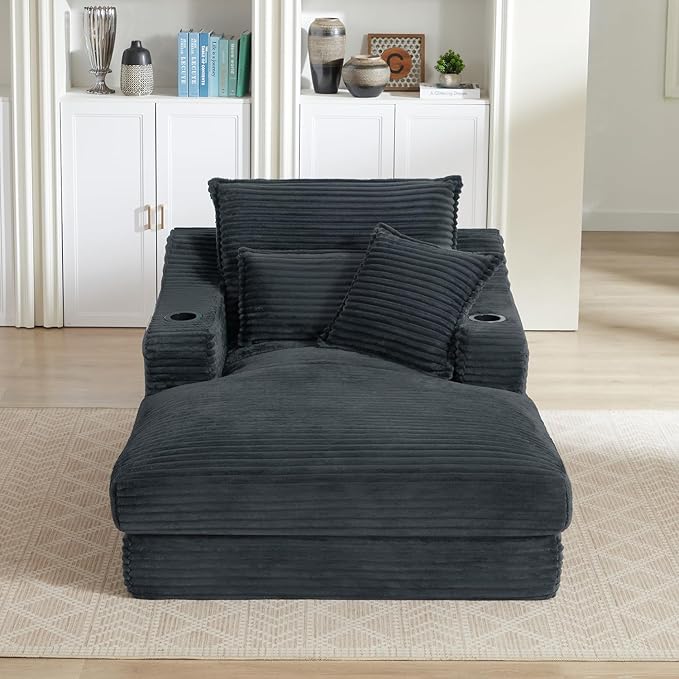 67.7 Oversized Chaise Lounge Chair Indoor Modern Corduroy Single Sleeper Couch Chair with 3 Soft Pillows＆Cup Holder Boneless Cloud Couch Single Seat Sofa for Living Room Bedroom (Dark Gray)