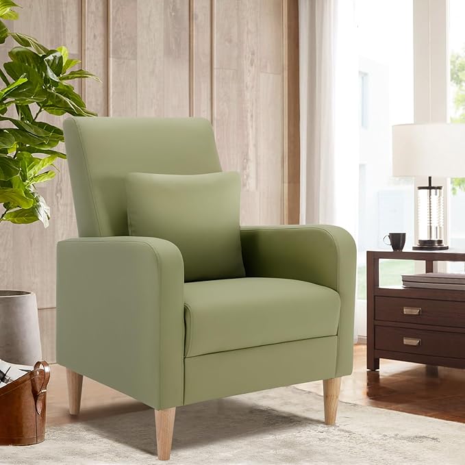 COLAMY Faux Leather Accent Living Room Chairs Set of 2 Upholstered Arm Chair Reading Side Chair Single Sofa with Back Pillow and Wood Legs L-Green