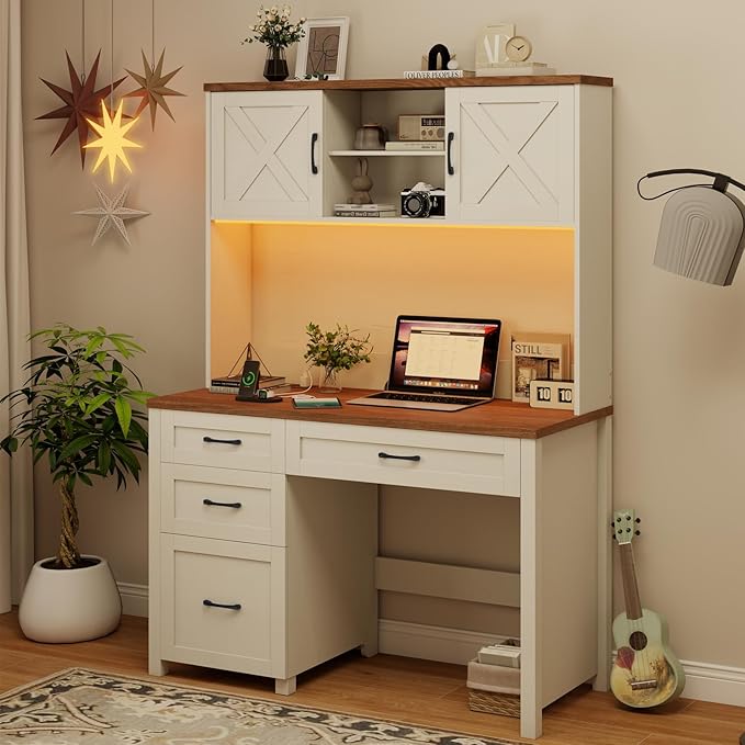 Farmhouse 67 H Executive Desk with HutchOffice Table with 4 Drawers and LED light Computer Desk with Storage Cabinet &amp File Drawers and Charging Station Wood Workstation for Home Office and St