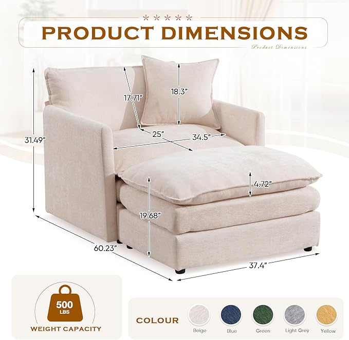 Oversized Chaise Lounge Chair Indoor Modern Comfy Chenille Cloud Accent Chair and A Half with Ottoman Single Deep Seat Sofa Couch Reading Armchair for Living Room Bedroom Apartment Beige