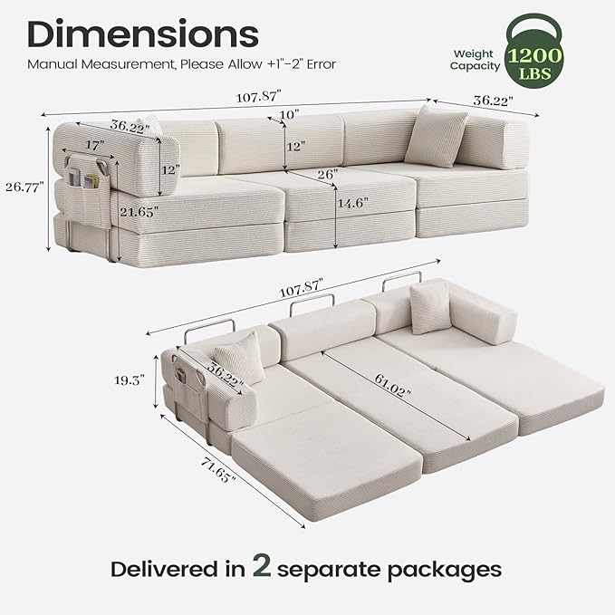 Folding Sofa Bed Convertable Corduroy Couch King Size Floor Sleeper 4-in-1 DIY Combination Modular Sofa Fold Out Futon Lounge Comfy Foldable Lazy cama for Living Room (Off-White)