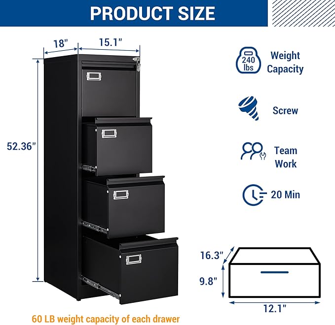 File Cabinet - 4 Drawers Vertical 17.8 Deep Lockable Filing Cabinet Black Metal Storage Cabinets for Home Office to Hanging Files Letter/Legal/F4/A4 Size