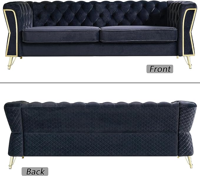 KEVINSPACE 87.4 Velvet Modern Chesterfield Tufted 3 Seater Button Sofa Mid Century with Unique Arms for Living Room Bedroom Small Space - Black