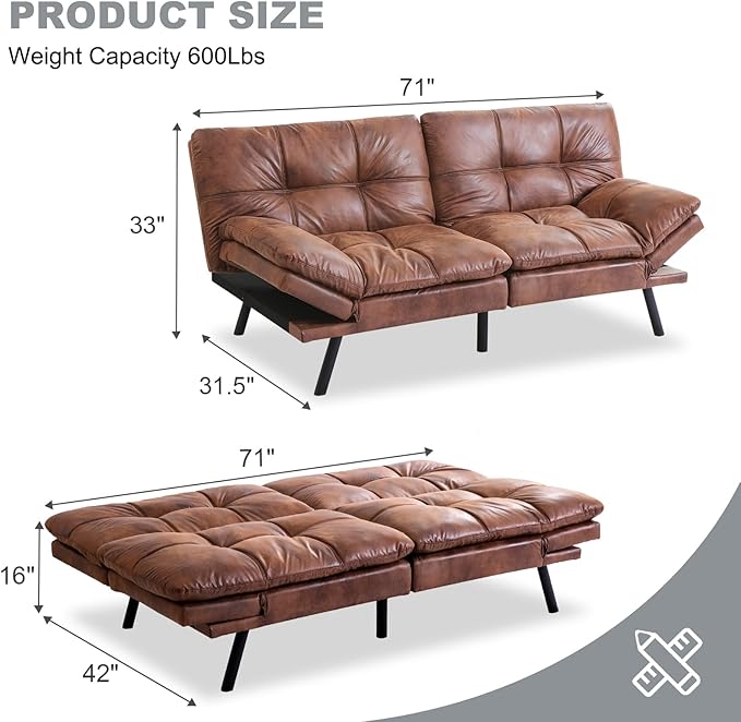 Futon Sofa Bed Convertible CouchMemory Foam Futon Sofa CouchSleeper Futons Sofa CouchesSmall Splitback Modern Loveseat Sofa Bed for Living RoomOfficeApartmentFaux LeatherBrown.