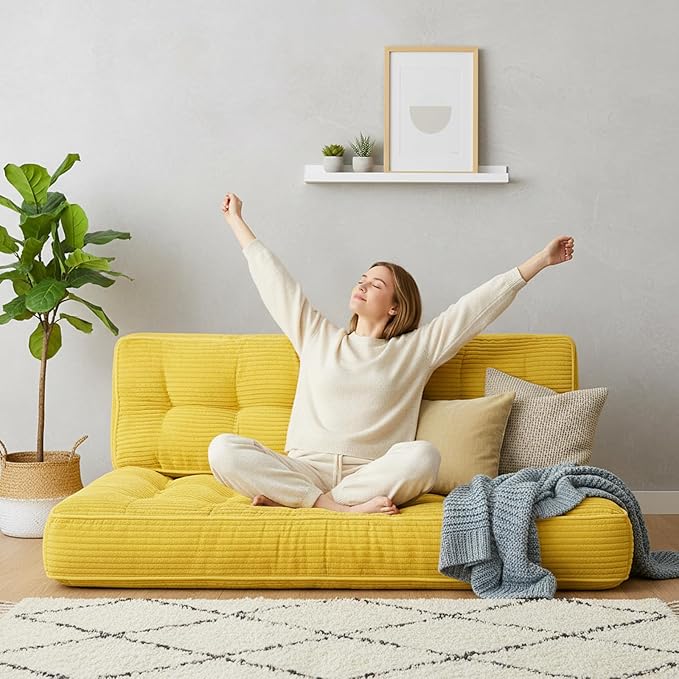 63 Inch Folding Bench Cushion 4 Inch Thick 2-in-1 Convertible Long Floor Lounger Boneless Cushions Couch Mattress Upholstered for Yoga Reading Sleeping Meditation Living Room(Yellow)