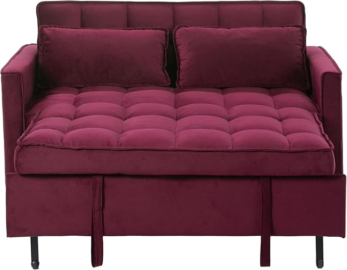 3 in 1 Convertible Sofa Bed Love Seat Sleeper Bed with Side Pockets Velvet Fabric Pull Out Couch with Adjustable Backrest for Living Room Bedroom Apartment Purplish-Red