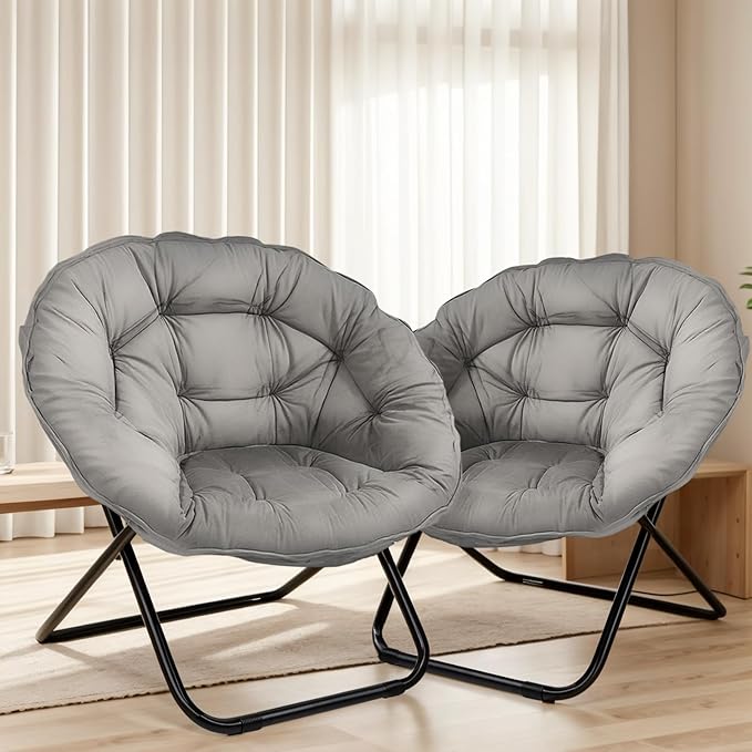 Folding Saucer Chair Lazy Moon Chair with Metal Frame Comfy Bedroom Chairs for Bedroom Living Room Study Grey JC
