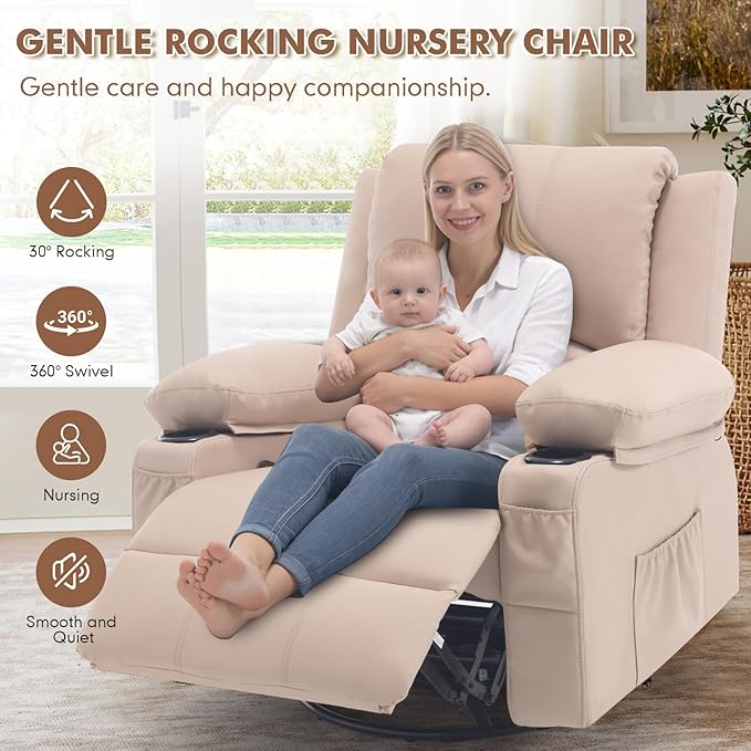 Faux Leather Swivel Rocker Recliner with Heat and Massage Cup Holders Overstuffed Rocking Glider Chair Heated Massaging Reclining Chair Beige
