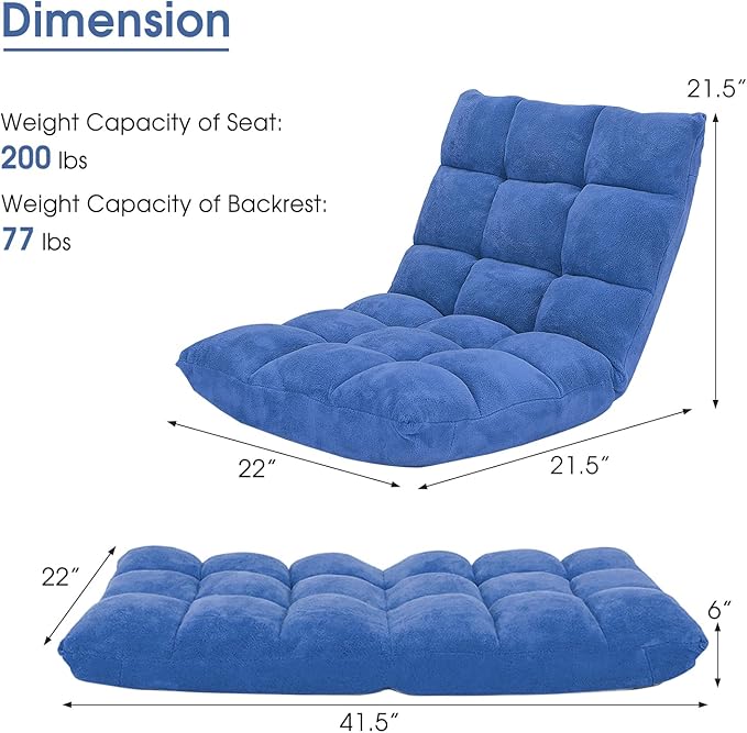 S AFSTAR Cushioned Floor Chair 14-Position Adjustable Padded Lazy Recliner with Comfortable Back Support and Skin-Friendly Cover Great for Reading Playing Game Meditating (Blue)