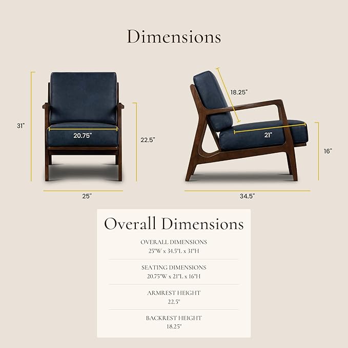 Poly &amp BARK Verity Leather Accent Chair – Armchair with Walnut Wood Frame – Fashion-Forward Lounge Seating for Living Room – Upholstered in Midnight Blue Leather for Modern Style