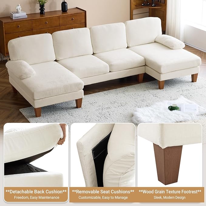 VINGLI 110 Sectional Couches for Living RoomU Shaped Couch with Double Chaise 4-Seat Sofa Set with Chenille Fabric for Home FurnitureBeige