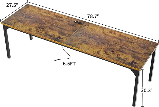 Unikito 78.7 Inches 2 Person Desk with Power Outlet Long Double Home Office Computer Desks Large Simple Desk Modern Study Writing Table Workstation Large Legroom Metal Frame Rustic Brown