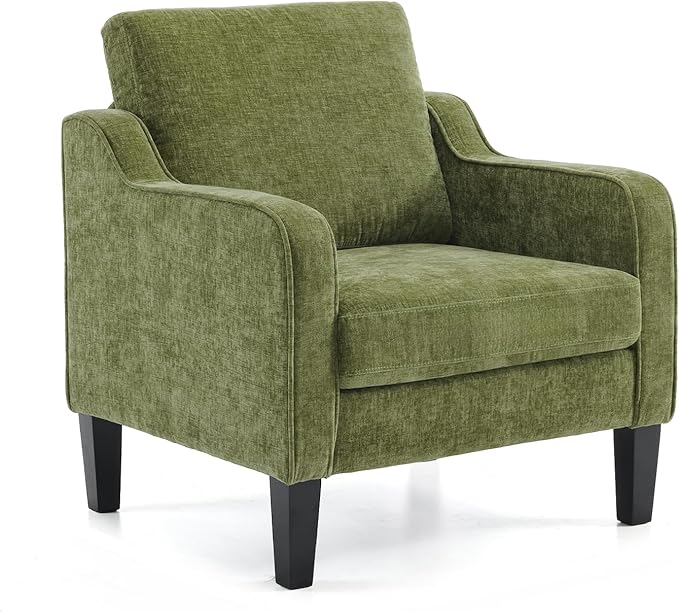VINGLI Chair Olive Green Upholstered Chenille Accent Chair for Living Room Bedroom Mid-Century Modern Arm Chair Comfy Reading Chair with Scooped Arms