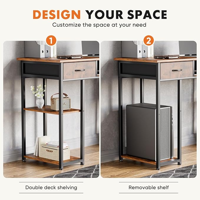 47 Inch Computer Desk with 2 Drawers Home Office Desk with Wooden Shelves Study Writing PC Table for Small Spaces Bedroom Dorm or Living Room Rust