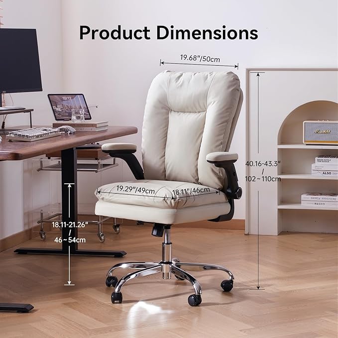 LEAGOO Ergonomic Executive Office Chair Mid Back Comfy Desk Chairs with 3D Padded Flip-up Arms Faux Leather Computer Rolling Chair with Wheels for Home Adjustable Height 300lbs Beige