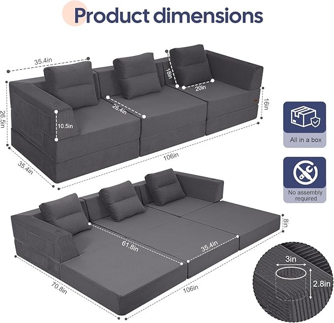 COMAX Futon Sofa Bed 3 Seater 106 Convertible Sofa Bed Couches for Living Room 4 in 1 Folding Boneless Sleeper Corduroy Couch Foam in a Box Comfy Foldable Lounge Fold Out Floor Mattress Grey