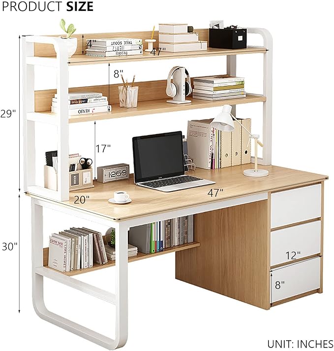 Computer Desk with Hutch and BookshelfHome Office Desk with 3 Drawer Industrial Study Writing Table Workstation for Home and Office(47 Inch White)