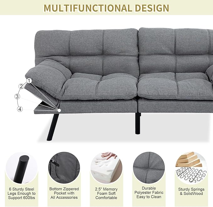 MUUEGM Convertible Futon Sofa Bed Memory Foam Futons Couch Bed 71 Adjustable Backrests and Armrests Sleeper Sofa Modern Love Seat Couch Bed for Living Room Small Space Office Light Grey
