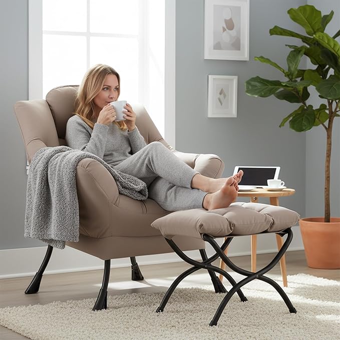 Welnow Lazy Chair with Ottoman Modern Reading Accent Chair with Armrests and a Side Pocket Leisure Upholstered Lazy Sofa Set with Footrest for Small Space Khaki