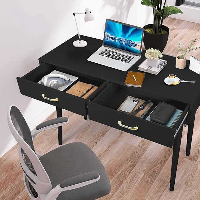 Small Black Desk with 2 Drawers Modern Writing Desk for Small Spaces Home Office Desk for Study Laptop Computer Desk for Work Makeup Vanity Table for Bedroom (Jet Black)