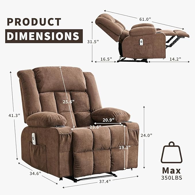 TrailBlaze Massage Heat Recliner Chair Lounge Chair with Extra Large Footrest High Back Comfortable Deep Seat Rocker Chairs for Adults Side Pockets &amp Cup Holder Living Room Single Sofa Brown