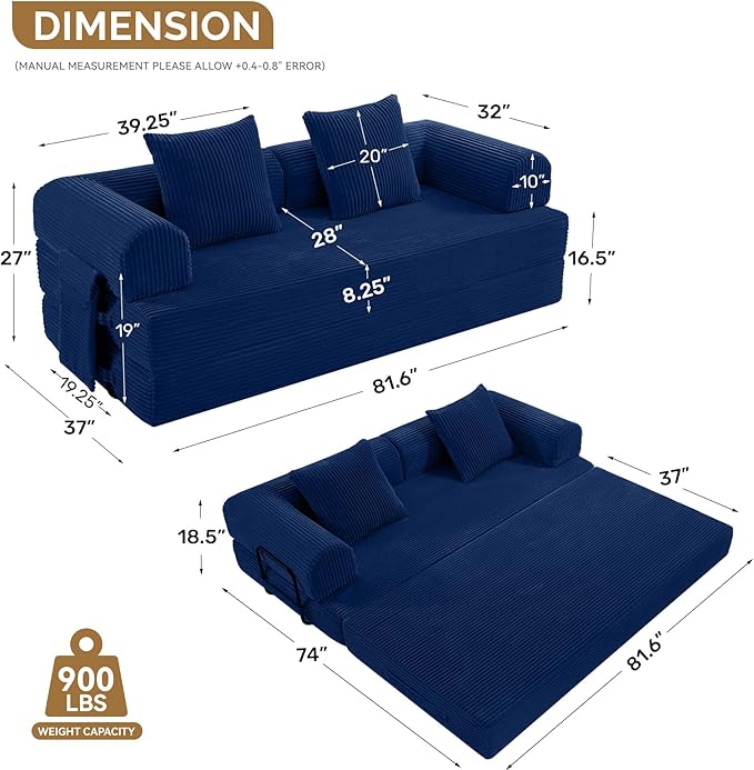 Convertible Corduroy Sleeper Sofa Bed with Cylindrical Pillow Folding Mattress Couch with Fixed-Shape Frame Floor Sofa Lounge Couch for Living Room Bedroom Lounge Studio Blue
