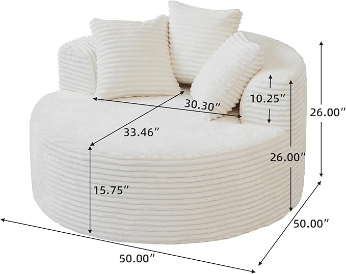 JACH Oversized Sofa Chaise with Three Pillows 50 Corduroy Deep Seat Single Sleeper Sofas Round Upholstered Lazy Floor Sofa for Living Room Apartment Beige