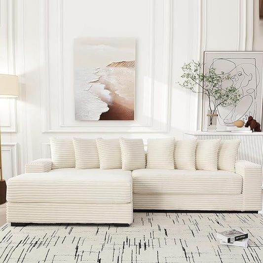 Fefances Spacious Two-Section Left-Oriented Modular L-Shaped Corduroy Sectional Couch for Living Spaces 111 Upholstered Convertible Chaise Sofa &amp Chaise Lounge with Daybed FunctionalityBeige/L.