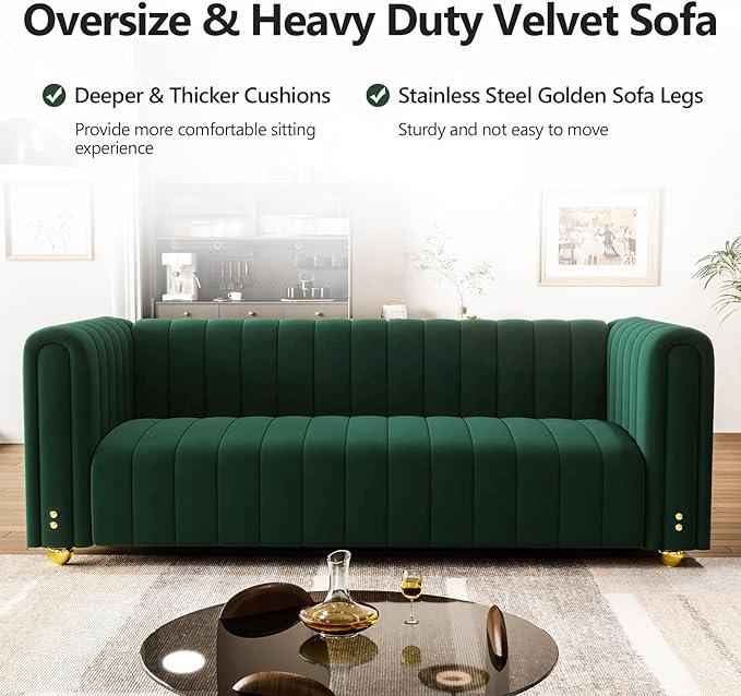 81.3'' Green Velvet Modern Mid Century Deep Seat Sofa Oversized 3-Seater Loveseat Comfy Couch for Living Room and Apartment Furniture