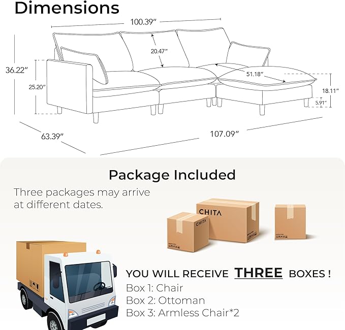 CHITA Modular Sectional Couch L-Shaped Oversized Cloud Couches for Living Room Mid Century Modern Sectional Sofa Comfy Chenille Sofas with Removable Cushions Cream