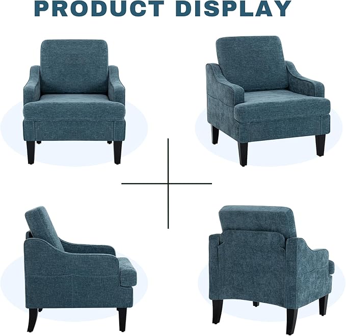 Accent Chair for Living RoomMid-Century Arm Chair Fabric Living Room ChairsUpholstered Reading Chair for BedroomSingle Sofa Chair with Wood Legs for Apartment (1 Chenille Blue)
