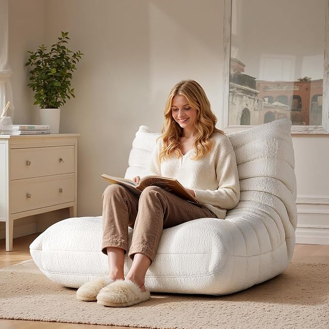 High-end Togo Bean Bag Chair Fireside Chair with Pure White Jacquard Fabric Cover Comfy &amp Soft Lazy Floor Lounge Sofa for Bedroom Living Room Office or Salon
